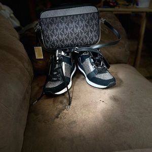Black silver leather cross body bag and black and silver tennis shoes 9.5